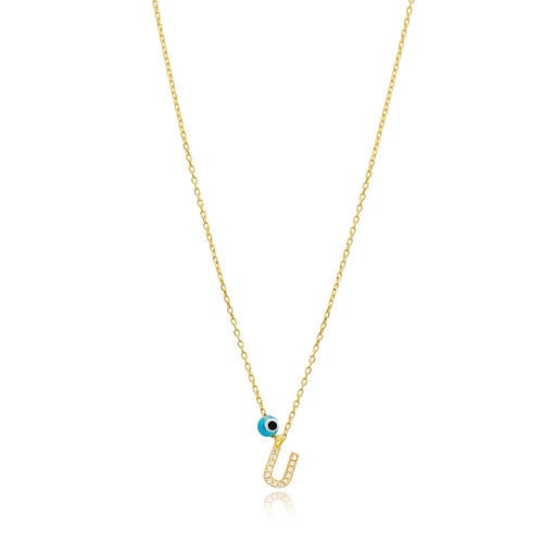 قلادة جذابة وبراقة بلمعة الذهب مزينة بحرف U والخرزة الزرقاء -من مجموعة نفيس هدايا مجوهرات هدية نسائية فاخرة U 6784