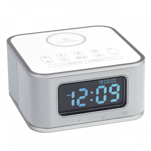 هوم تايم مكبر صوت بلوتوث و منبه وشاحن لاسلكي أبيض D2QI