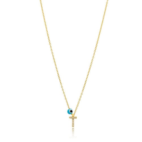 قلادة جذابة وبراقة بلمعة الذهب مزينة بحرف T والخرزة الزرقاء -من مجموعة نفيس هدايا مجوهرات هدية نسائية فاخرة T 6784