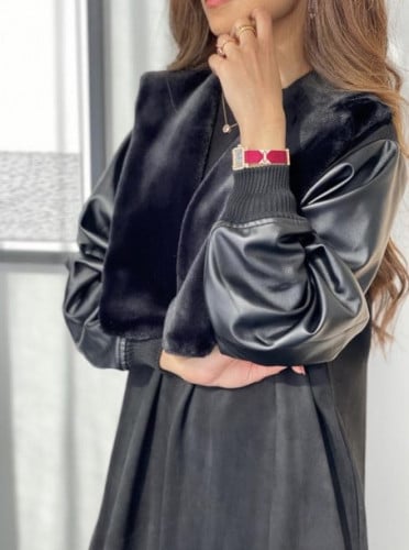 عباية شتوية فاخرة جلد وفرو وشامواه اسود