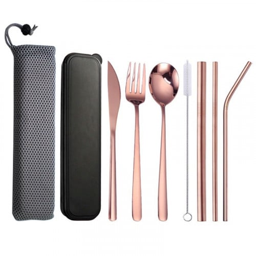 طقم من 9 قطع ملعقة وشوكة وسكين ومزاز ستانلس ستيل مع حقيبة خاصة.