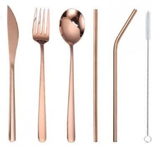 ROSE GOLD 9 Pieces Portable Reusable S/Steel Set – طقم من 9 قطع ملعقة وشوكة وسكين ومزاز ستانلس ستيل مع حقيبة خاصة.