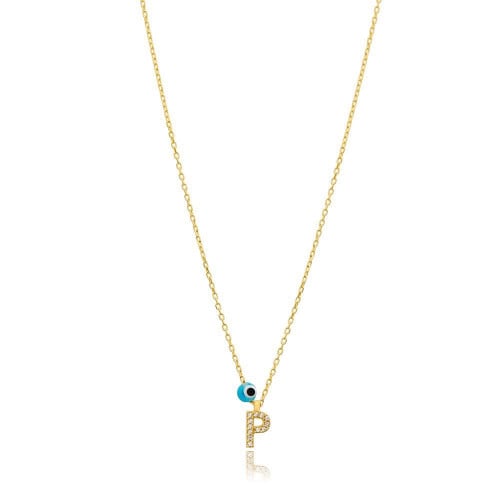 قلادة جذابة وبراقة بلمعة الذهب مزينة بحرف P والخرزة الزرقاء -من مجموعة نفيس هدايا مجوهرات هدية نسائية فاخرة P 6784