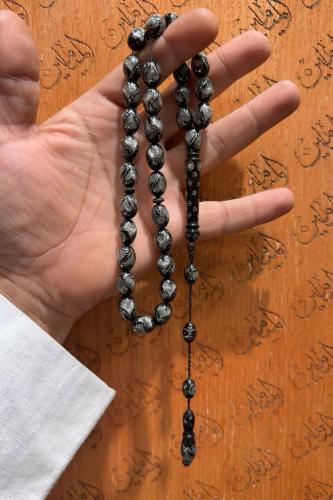 سبحة يسر بلدي فضه مطعم احجار طبيعي مقاس 10 في 14.5 ملي عدد الخرز 33 خرزة