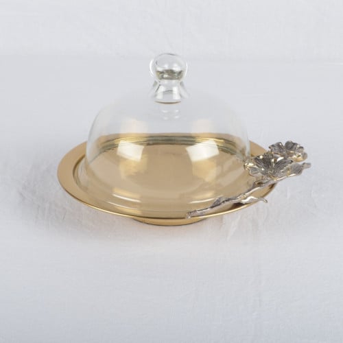 طبق كيك ستيل هندي مع غطا زجاجي - لون ذهبي