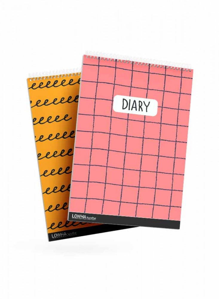 Set of 2 Spiral Bound Notebooks of 50 Sheets Each with Wavy Lines and Squares Design in Cardboard Cover, for Recording Notes and Taking Reminders for Work, College or School