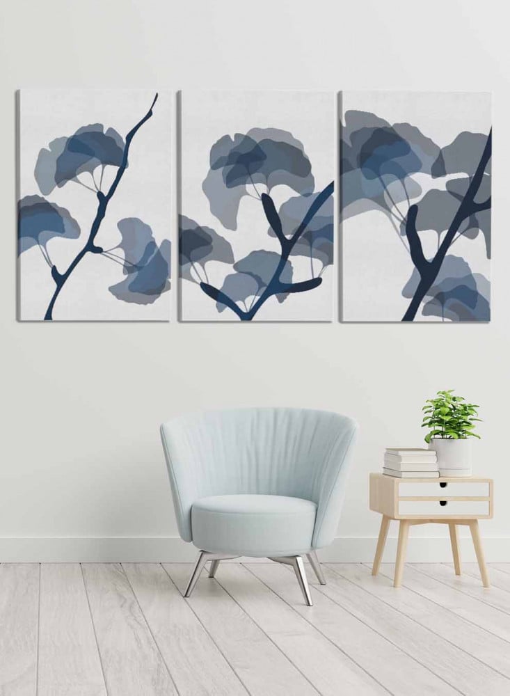 Set of 3 Canvas Paintings on Wooden Frame, Ginkgo Leaves
