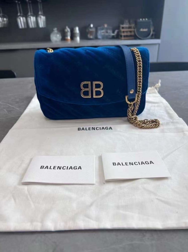 Balenciaga BB Chain Round Shoulder Bag Quilted Velvet Small Blue