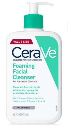 غسول Cerave FOAMINGحجم 473 مل بتركيبة هالورنيك اسيد والنيساميند للبشره االدهنيه والعاديه