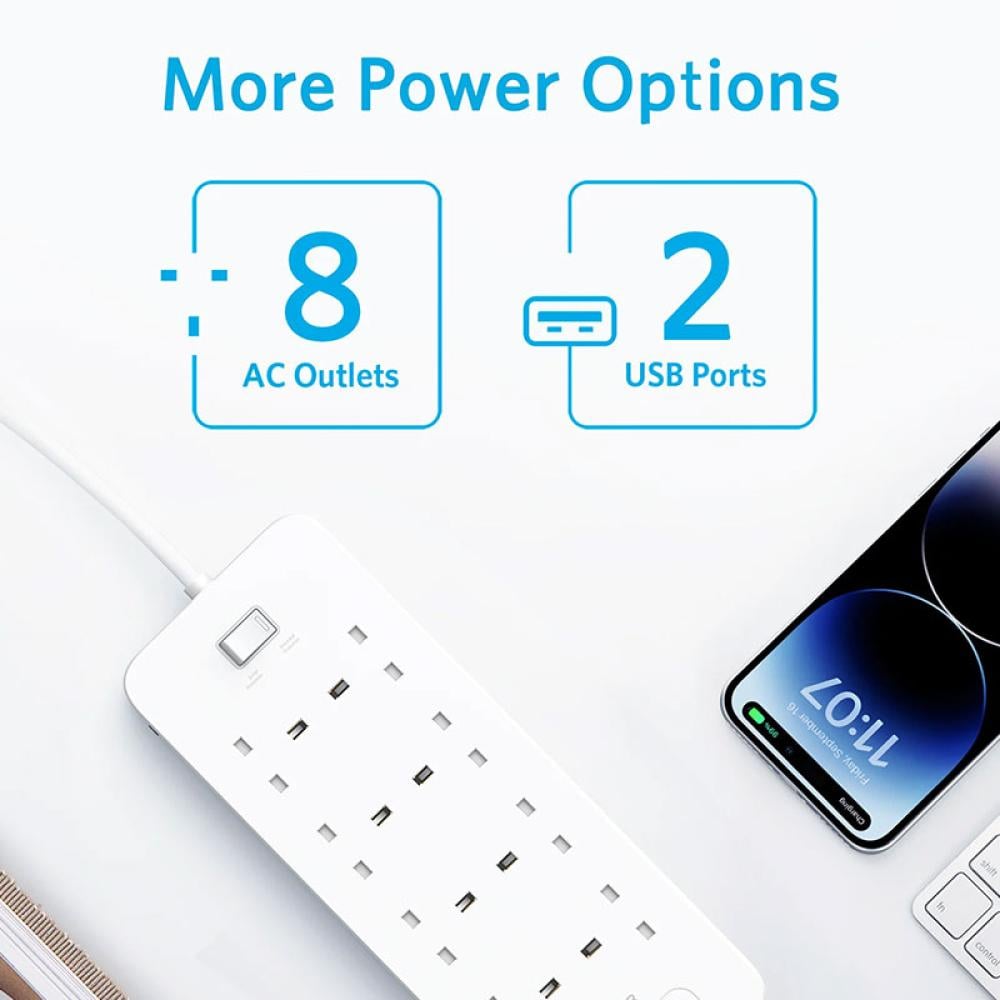 توصيلة كهربائية 1.8 متر 8 منافذ كهرباء مع 2 منفذ USB قابس تشغيل من انكر
