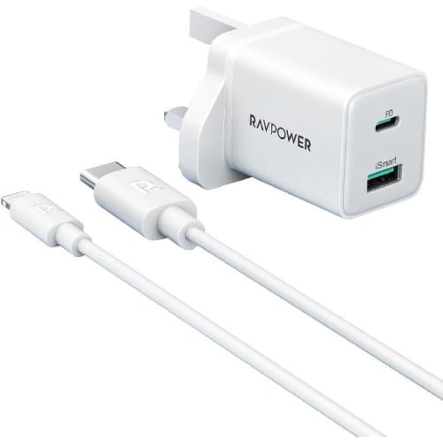 شاحن حائط راف باور 20 W بمنفذ Type-C ومنفذ USB + ك...