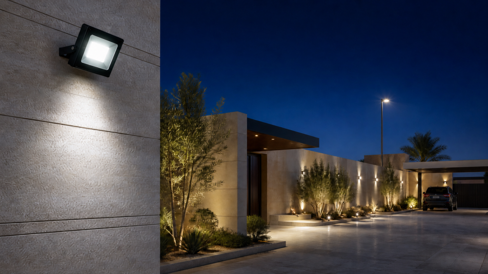 كشافات LED خارجية تضيء ساحة منزل ومواقف ليلًا