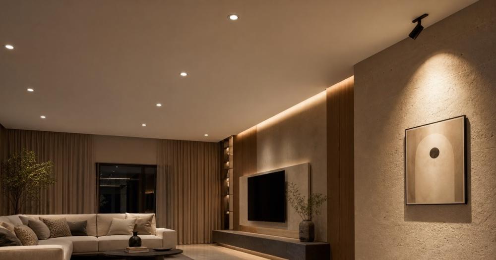 سبوت لايت LED سقفي غاطس وموجه بإضاءة دافئة داخل غرفة حديثة