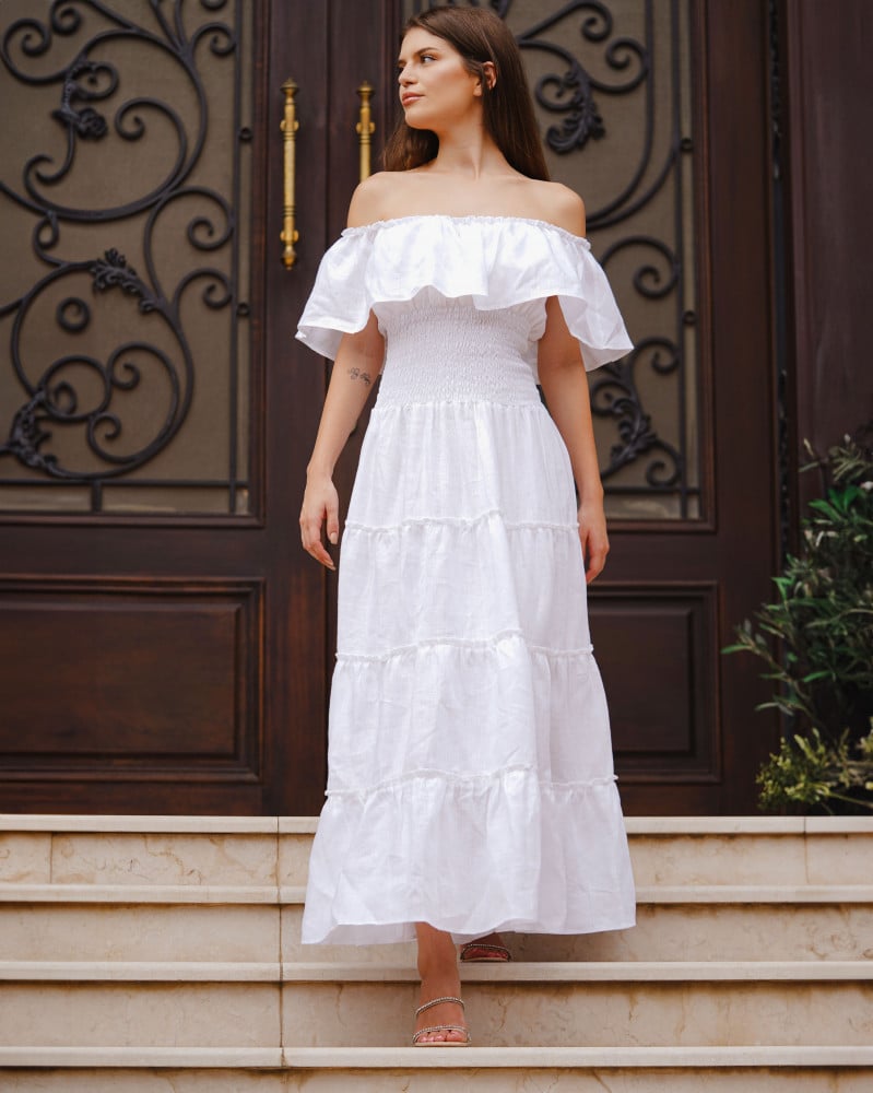 فستان كتان اوف شولدر  لينن100٪