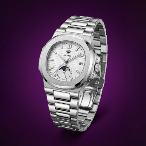 ساعة فضية بلون أبيض داخلي فاخرة