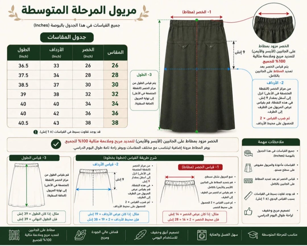 جدول مقاسات تنورة مريول المرحلة المتوسطة للبنات من متجر الثريا للرجال