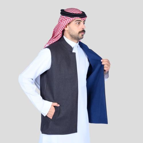 سديري رجالي دبل فيس رمادي غامق مقلم كحلي