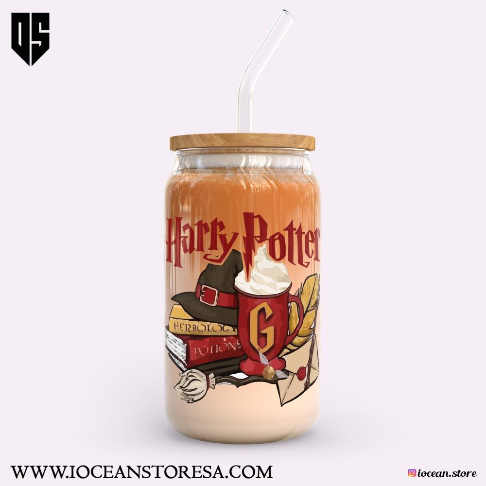 كوب زجاجي بغطاء خشبي و مزاز زجاجي هاري بوتر  - harry potter