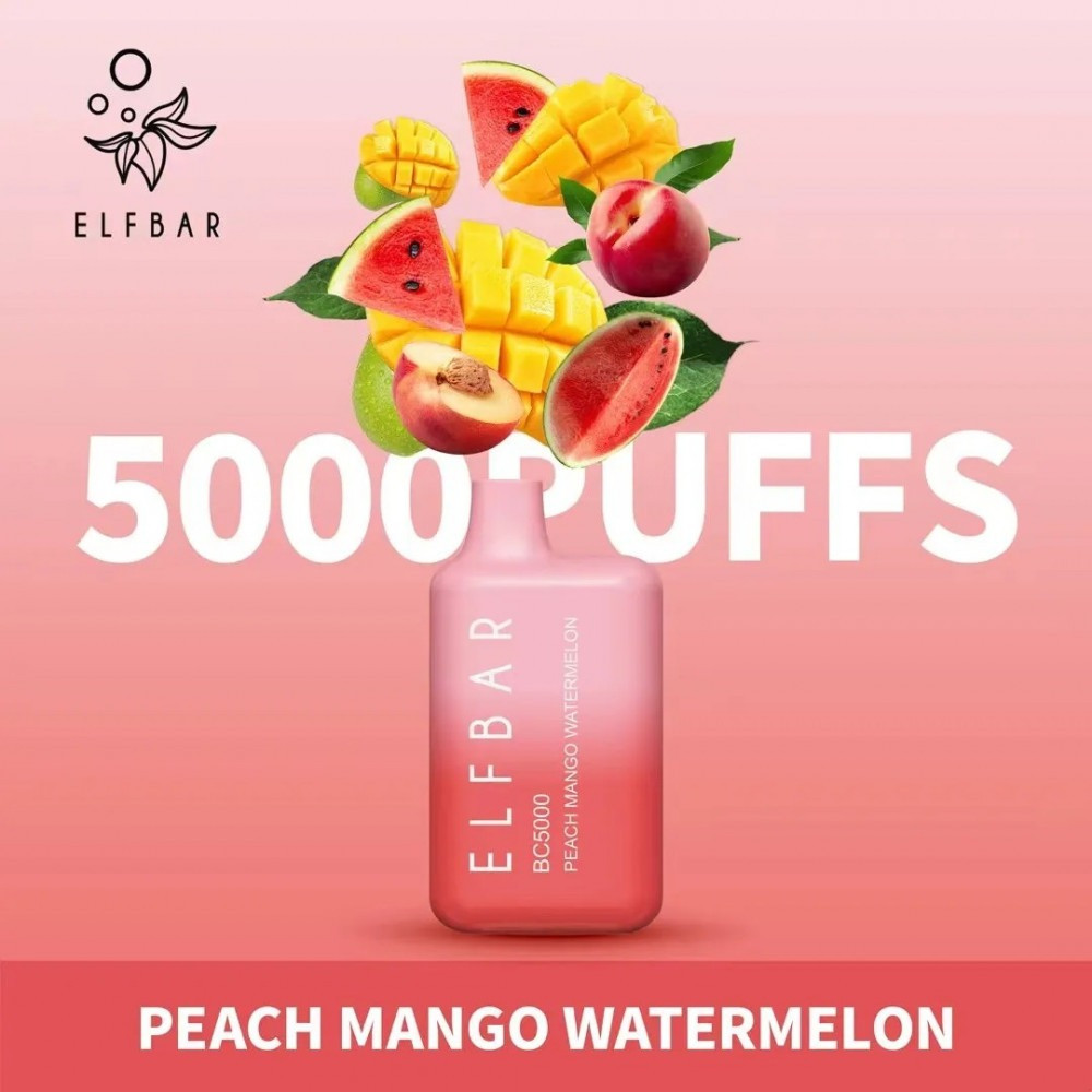 سحبة الف بار مانجو و خوخ وبطيخ 5000 موشة - Elf Bar 5000 puff Disposable Peach Mango Watermelon