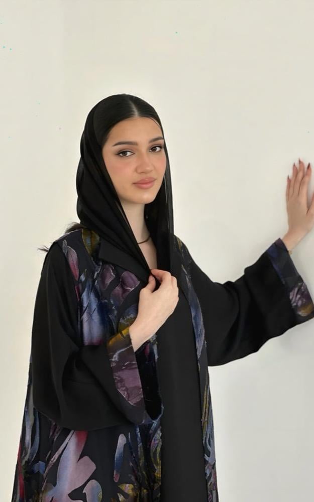 Black Crepe Abaya with Printed Vest