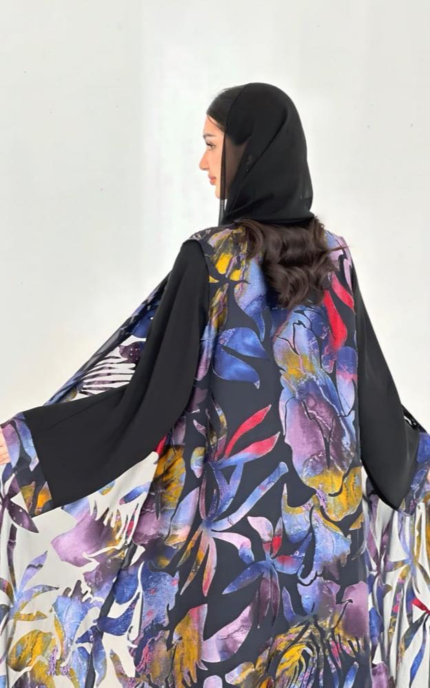 Black Crepe Abaya with Printed Vest