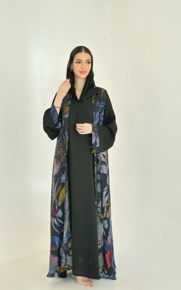 Black Crepe Abaya with Printed Vest
