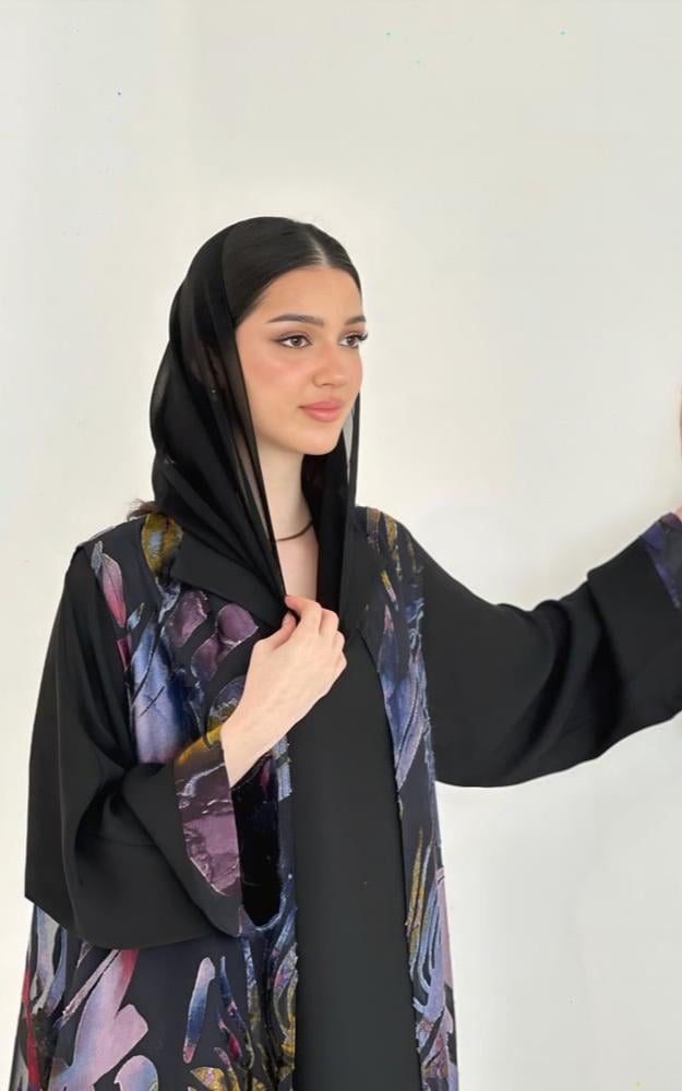 Black Crepe Abaya with Printed Vest