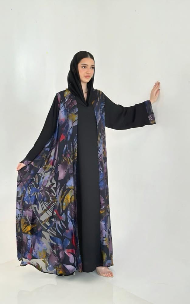 Black Crepe Abaya with Printed Vest