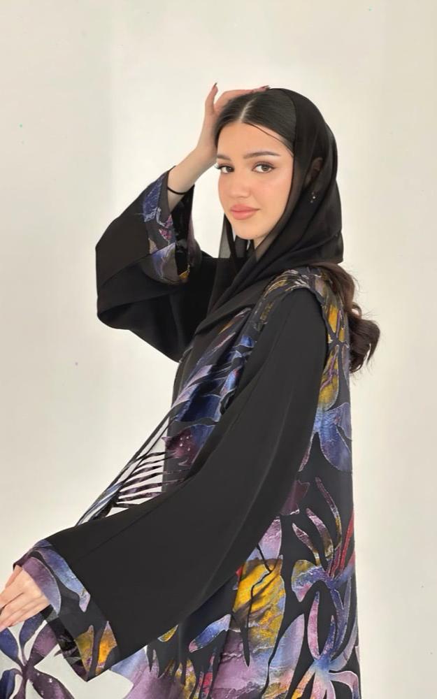 Black Crepe Abaya with Printed Vest