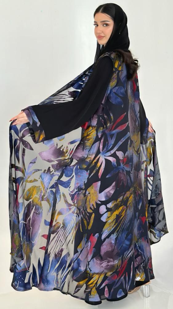 Black Crepe Abaya with Printed Vest
