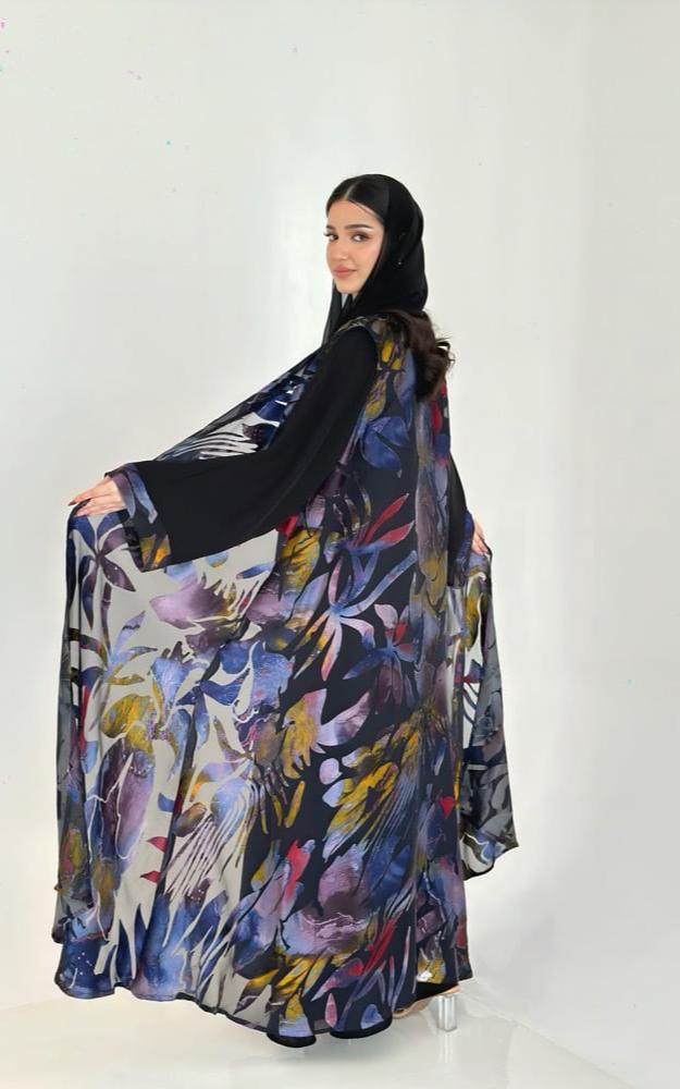 Black Crepe Abaya with Printed Vest