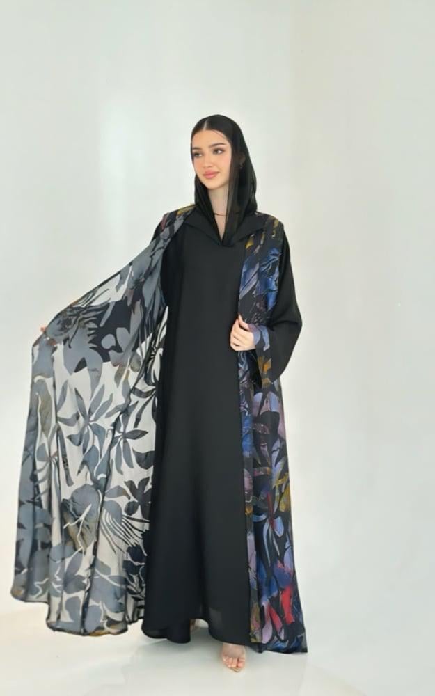 Black Crepe Abaya with Printed Vest