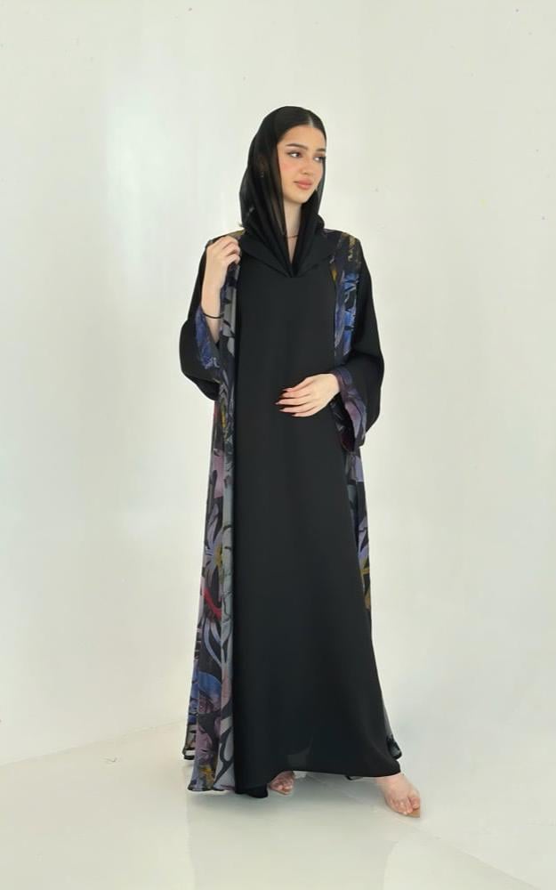 Black Crepe Abaya with Printed Vest