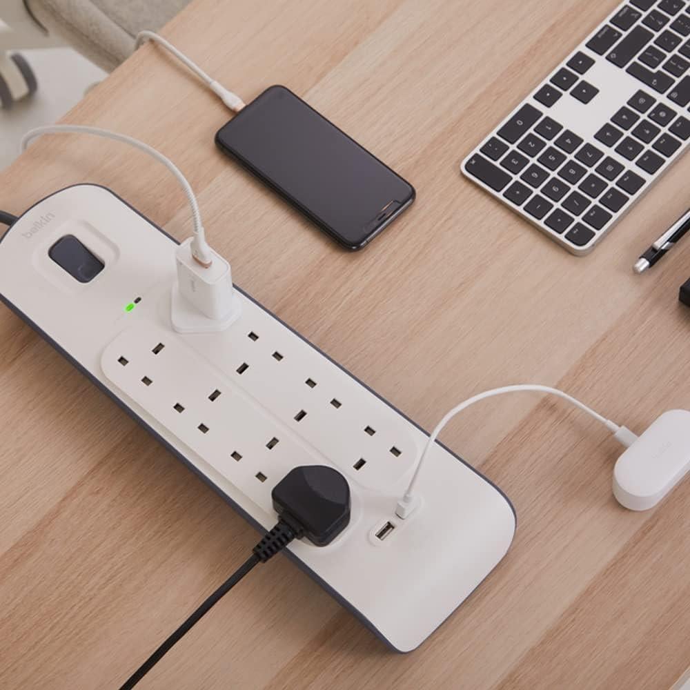 توصيلة بيلكن للحماية من تقلبات التيار 4 منفاذ 8 + 2 مخرج يو اس بي 2 متر belkin surge protector