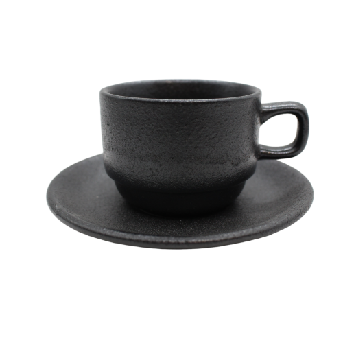 كوب قهوة مع صحن سيراميك اسود خشن