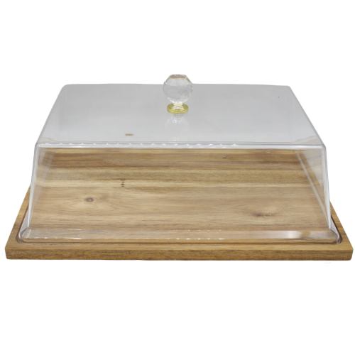 صحن كيك خشب بغطاء اكريليك