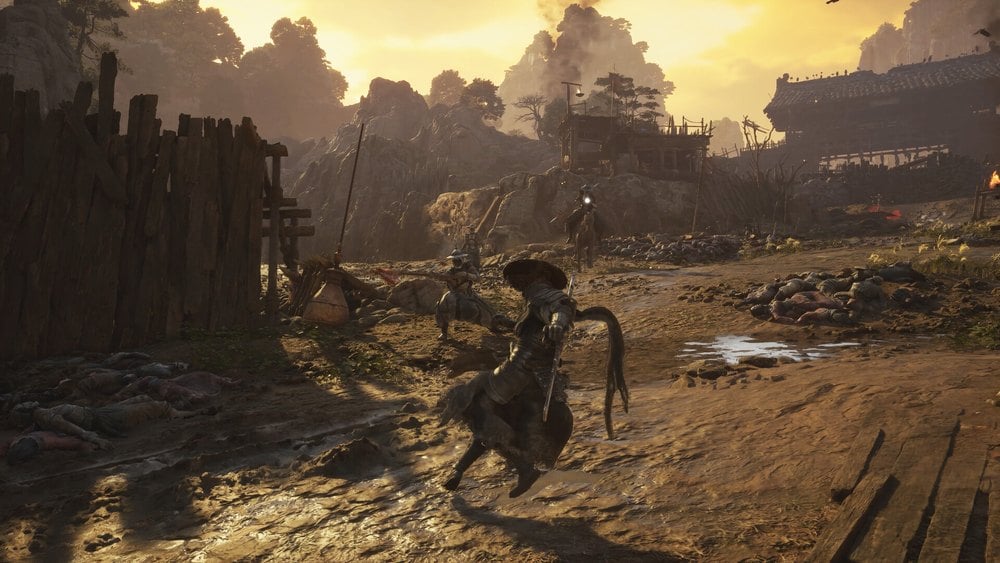 فانتوم بليد زيرو - البطل سول يتجول في قرية مهجورة وقت الغروب في Phantom Blade Zero