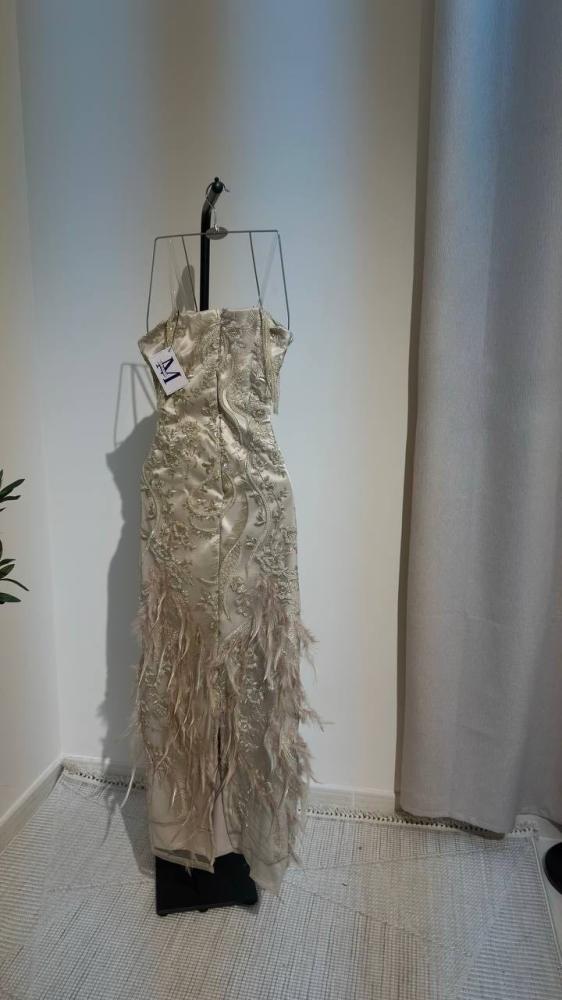 فستان سهرة بيج مطرز بالكامل مع تفاصيل ريش أنيقة