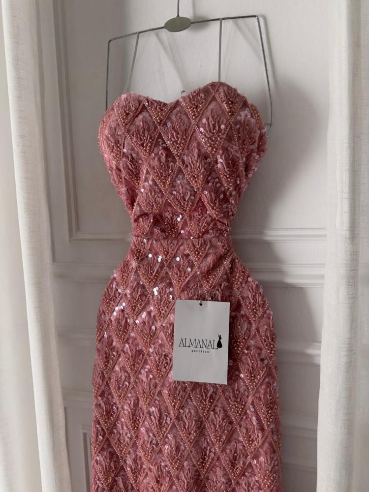 فستان سهره مطرز خرز  اكمام منفصله بينك