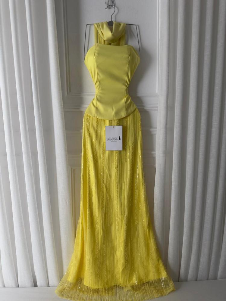 فستان سهره اصفر مع شال