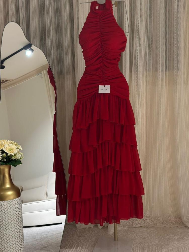 فستان ناعم احمر  هالتر طبقات