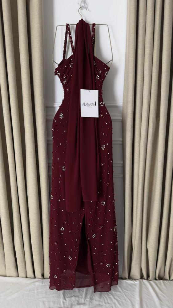 فستان سهره عودي تفته وجورجيت تطريز لولو وزركون