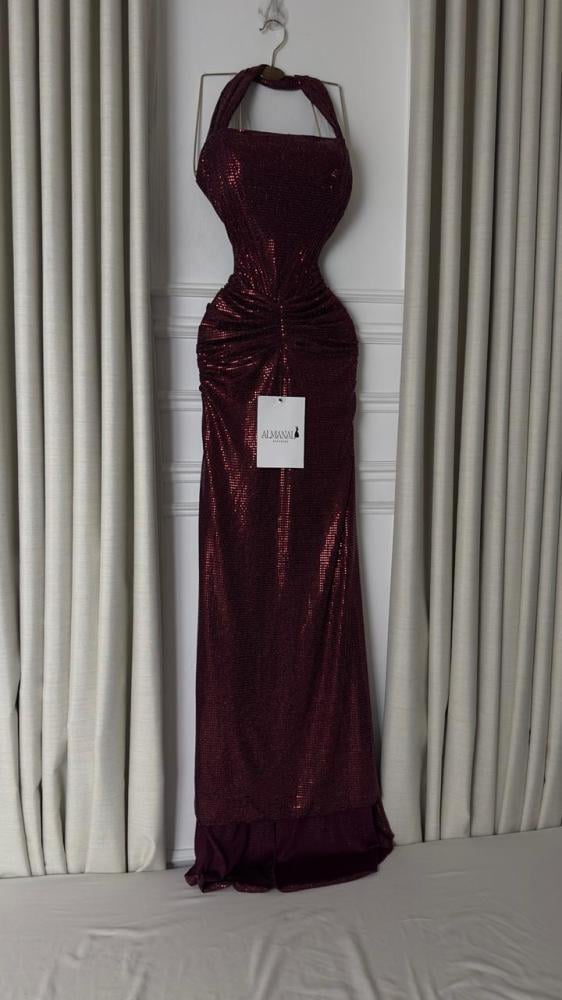 فستان سهره لمعه استرتس عنابي