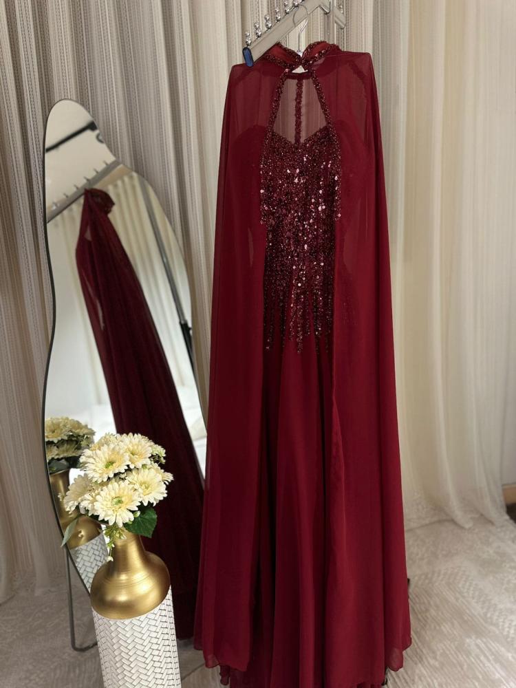 فستان سهره لون عنابي مطرز بترتر