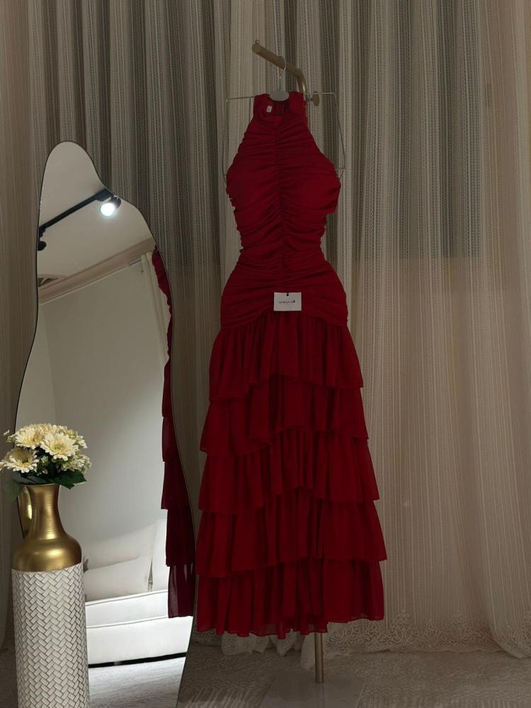 فستان ناعم احمر  هالتر طبقات