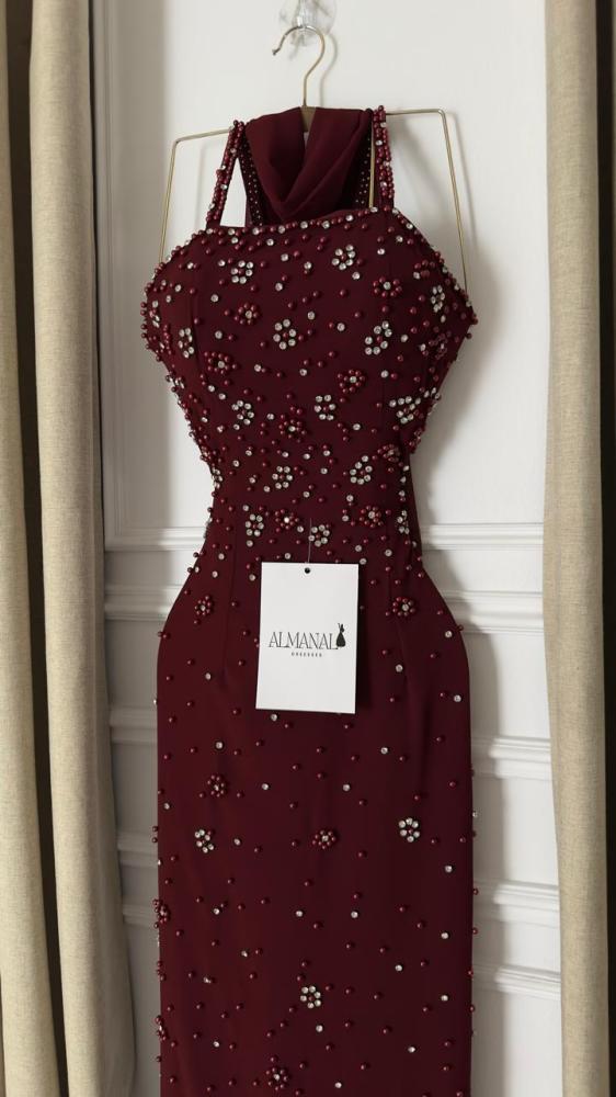 فستان سهره عودي تفته وجورجيت تطريز لولو وزركون