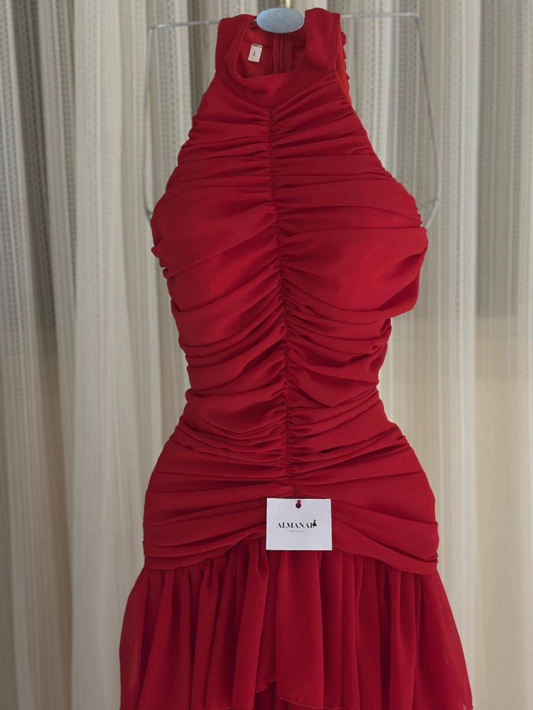 فستان ناعم احمر  هالتر طبقات