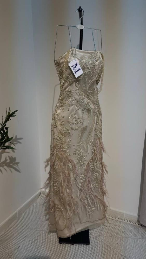 فستان سهرة بيج مطرز بالكامل مع تفاصيل ريش أنيقة