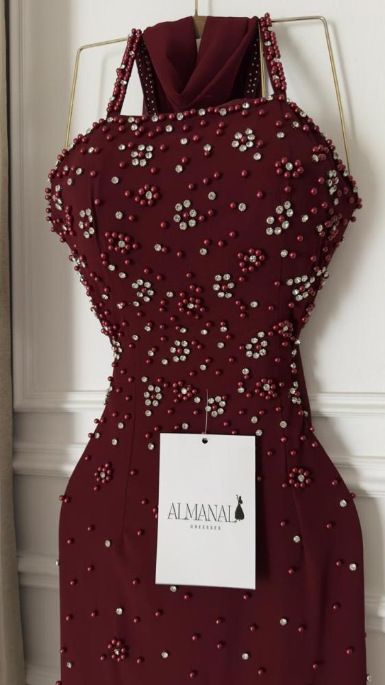 فستان سهره عودي تفته وجورجيت تطريز لولو وزركون