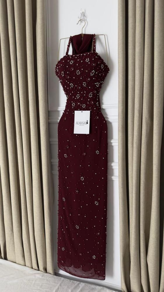 فستان سهره عودي تفته وجورجيت تطريز لولو وزركون